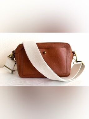 Madewell Transport Camera Bag Cognac Leather Crossbody with Cream Canvas Strap